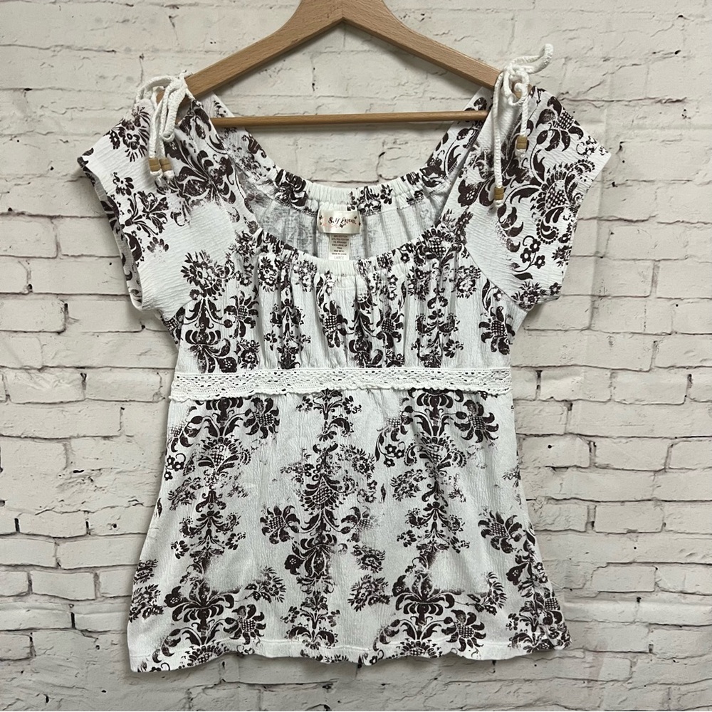 Vintage Self Esteem Peasant Top Large Y2K Forest Fairy Brown Coquette Boho